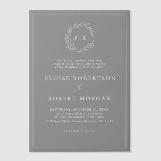 ミニマリスト白黒モダンリーフ結婚ズ ベラム紙招待状 (正面)