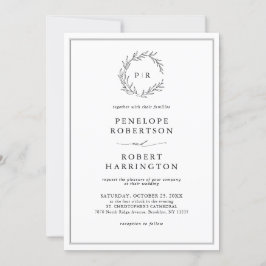 ミニマリスト白黒モダンリーフ結婚ズ 招待状