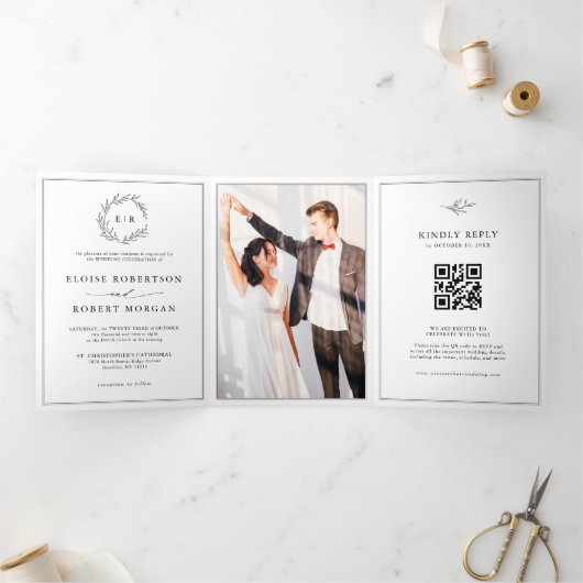 ミニマリスト白黒モダン写真結婚の 三つ折り案内状 (内部)