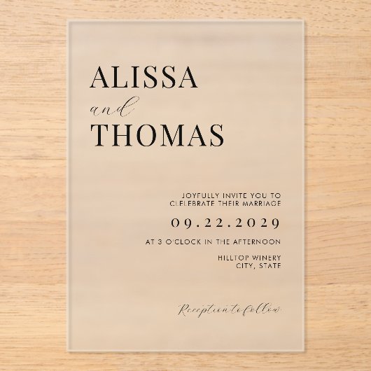 ミニマリスト白黒モダン結婚ズ アクリル招待状 (正面)