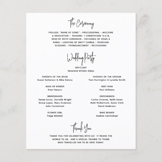 ミニマリスト白黒モダン結婚式 プログラム (裏面)