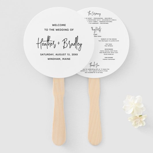 ミニマリスト白黒モダン結婚式 プログラム ハンドファン (正面&裏面)