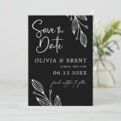 ミニマリスト白黒ユーカリ結婚リーフ セーブザデート (スタンド正面)