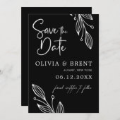 ミニマリスト白黒ユーカリ結婚リーフ セーブザデート (正面/裏面)