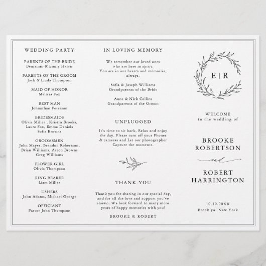 ミニマリスト白黒リーフ結婚式 プログラム (正面)