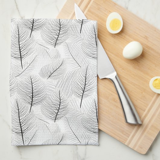 ミニマリスト白黒リーフ芸術的線 キッチンタオル (四つ折り)