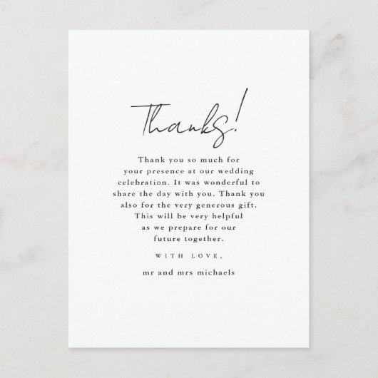 ミニマリスト白黒結婚の写真ありがとう ポストカード (正面)