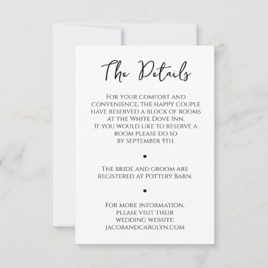 ミニマリスト白黒結婚詳細カード 招待状 (正面)