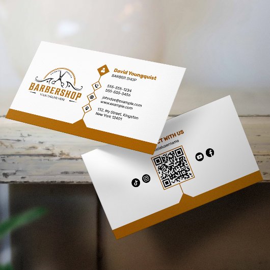 ミニマリスト白&錆びたブラウン理容師ショップQRコード 名刺