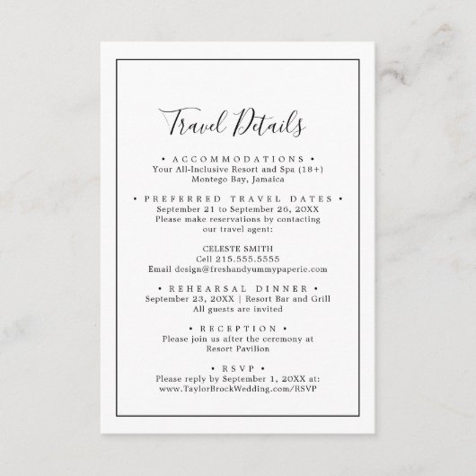 ミニマリスト目的地ウェディングトラベル詳細 エンクロージャーカード (正面)