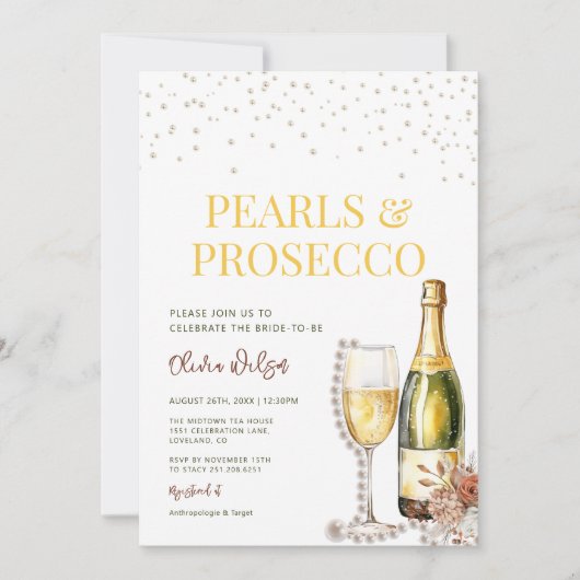 ミニマリスト真珠とプロセッコブライダルシャワー 招待状 (正面)