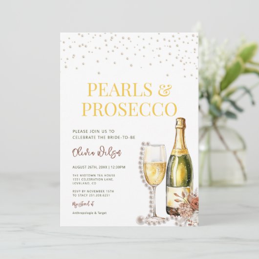 ミニマリスト真珠とプロセッコブライダルシャワー 招待状 (スタンド正面)