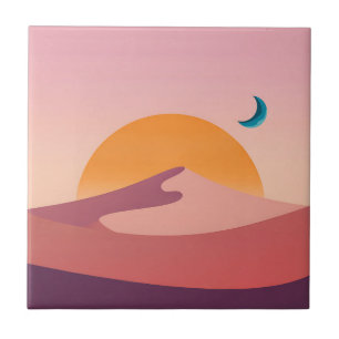 ミニマリスト砂漠の夕日と月夜の風景 タイル