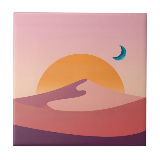 ミニマリスト砂漠の夕日と月夜の風景 タイル (正面)
