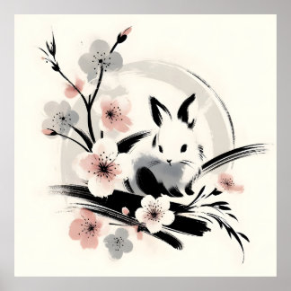 ミニマリスト禅インクうさぎ桜 ポスター