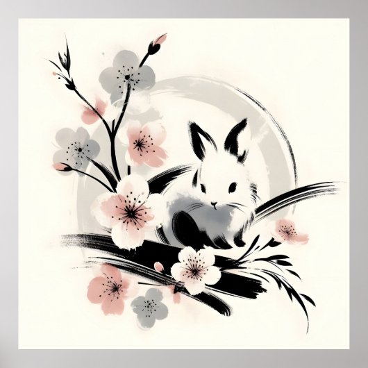 ミニマリスト禅インクうさぎ桜 ポスター (正面)