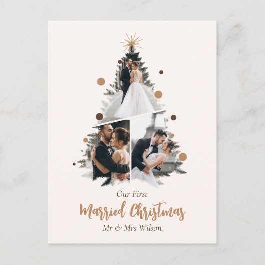 ミニマリスト私たちの最初の結婚したクリスマス3枚の写真 シーズンポストカード (正面)