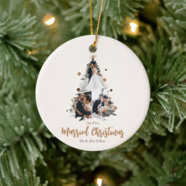 ミニマリスト私たちの最初の結婚したクリスマス3枚の写真 セラミックオーナメント