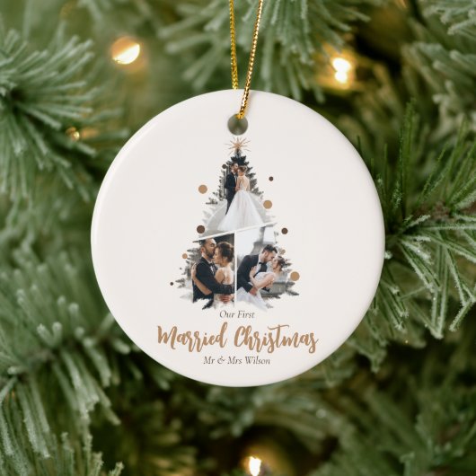 ミニマリスト私たちの最初の結婚したクリスマス3枚の写真 セラミックオーナメント (ツリー)