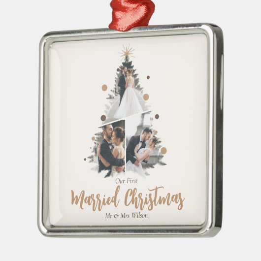 ミニマリスト私たちの最初の結婚したクリスマス3枚の写真 メタルオーナメント (左)
