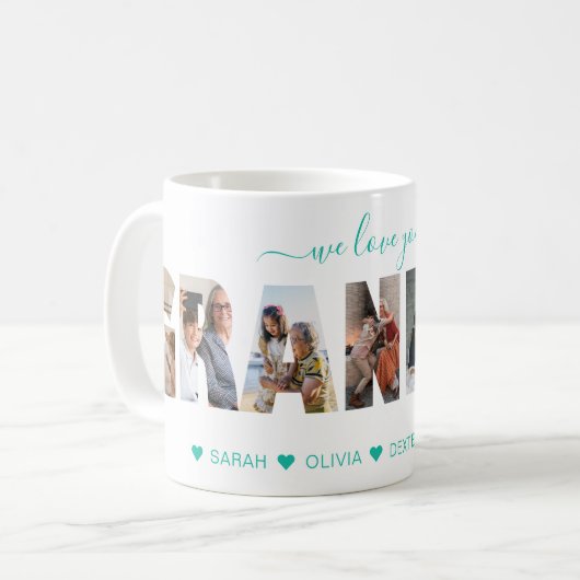 ミニマリスト私たちはあなたのおばあちゃん写真コラージュティール(緑がかった色) コーヒーマグカップ (正面左)