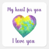 ミニマリスト私はあなたを愛する虹の水色ハート スクエアシール (正面)