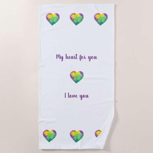 ミニマリスト私はあなたを愛する虹の水色ハート ビーチタオル (正面)