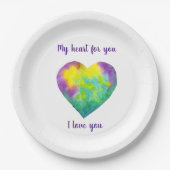 ミニマリスト私はあなたを愛する虹の水色ハート ペーパープレート (正面)