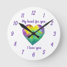 ミニマリスト私はあなたを愛する虹の水色ハート ラウンド壁時計