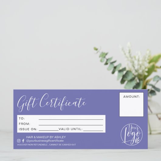 ミニマリスト紫の青いギフト証明書のロゴ (スタンド正面)