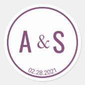 ミニマリスト紫ホワイトイニシャルズ結婚日付 ラウンドシール (正面)