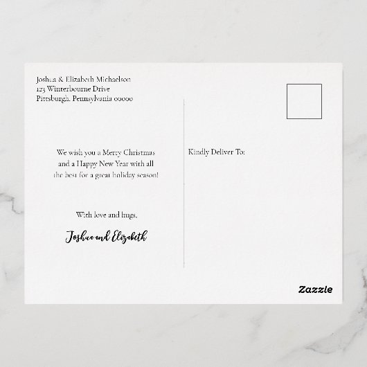 ミニマリスト結婚したの最初のクリスマスワンフォト 箔シーズンポストカード (裏面)