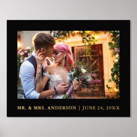 ミニマリスト結婚エレガンスのフォトブラックと金ゴールド 箔ポスター (正面)