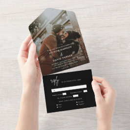 ミニマリスト結婚ブラックフォトの封印と送信すべてI オールインワン招待状