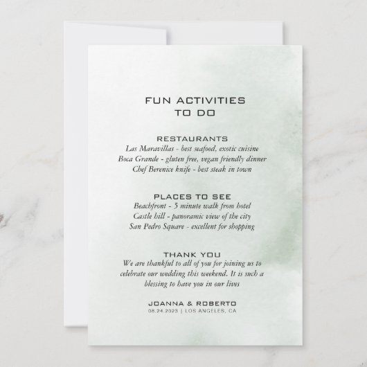 ミニマリスト結婚ユーカリの旅程カード 招待状 (裏面)