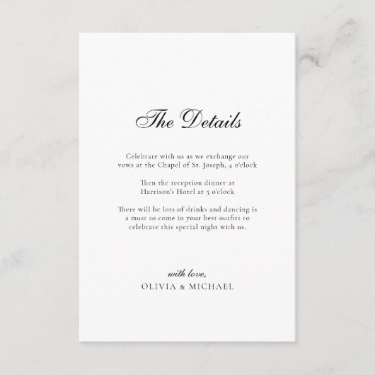 ミニマリスト結婚式の「The Details」台紙 エンクロージャーカード (正面)