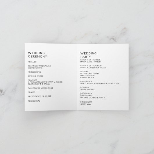 ミニマリスト結婚式パーティー折り畳みプログラムタイムライン カード (内部)