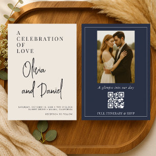 ミニマリスト結婚式筆記体フォトQRコード 招待状