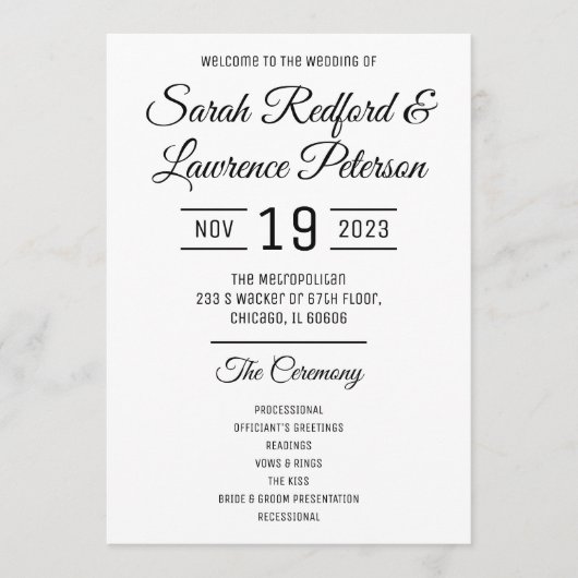 ミニマリスト結婚式 プログラム全体 メニュー (正面)