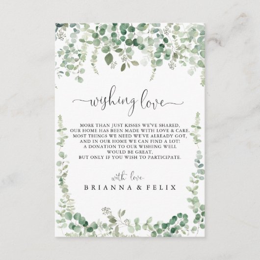 ミニマリスト緑のユーカリ結婚プトゥスの願い井戸 エンクロージャーカード (正面)