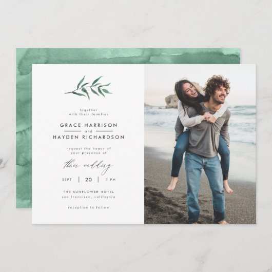 ミニマリスト緑の水彩枝結婚の写真 招待状 (正面/裏面)