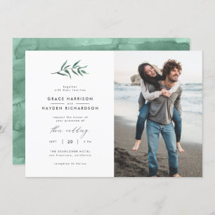 ミニマリスト緑の水彩枝結婚の写真 招待状
