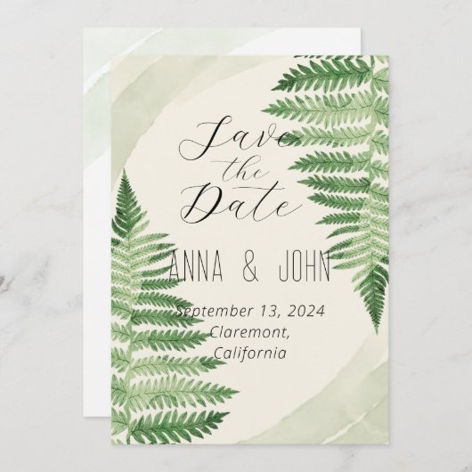 ミニマリスト緑の結婚シダ 招待状 (正面/裏面)
