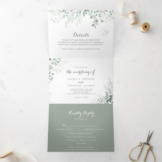 ミニマリスト緑ユーカリ結婚式招待状 三つ折り招待状 (内部)