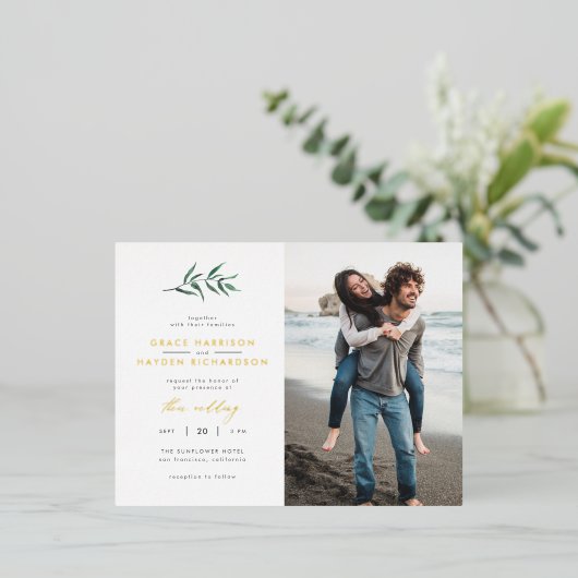 ミニマリスト緑水カラー結婚ブランチの写真 箔招待状ポストカード (立ち正面)