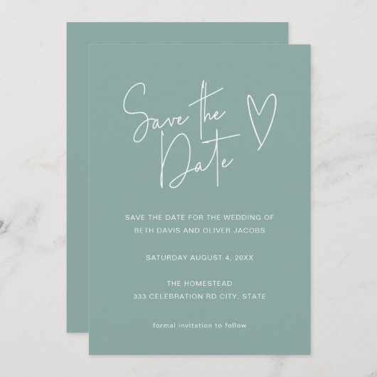 ミニマリスト署名フォントSage Green日付を保存 セーブザデート (正面/裏面)