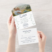 ミニマリスト葉グリー写真テンプレート結婚ズ オールインワン招待状 (貼ってはがせる)