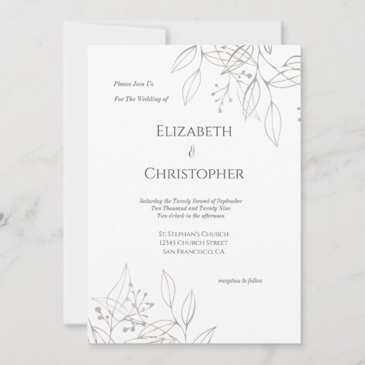 ミニマリスト葉グレイ銀結婚の植物 招待状 (正面)