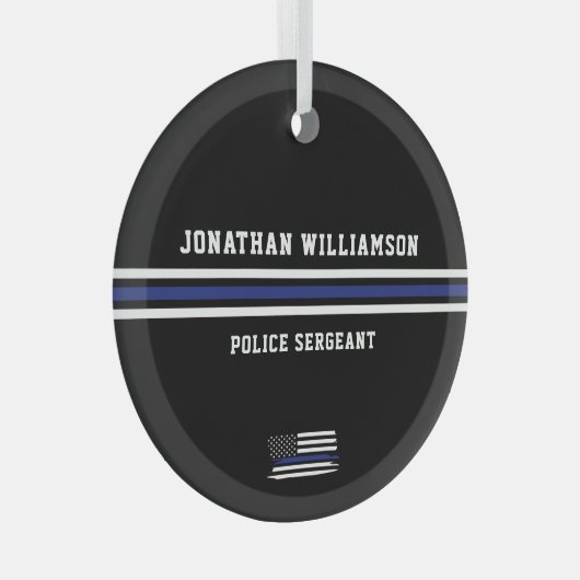 ミニマリスト薄青ライン警察官カスタム ガラスオーナメント (正面右)