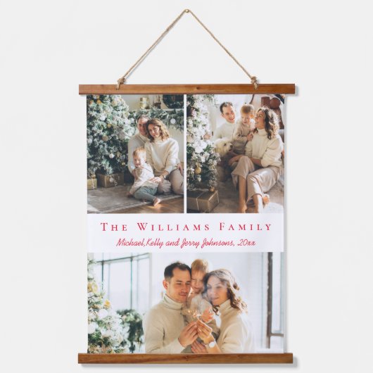 ミニマリスト赤いスクリプト3枚の写真コラージュ家族 吊り下げ型タペストリー (正面)
